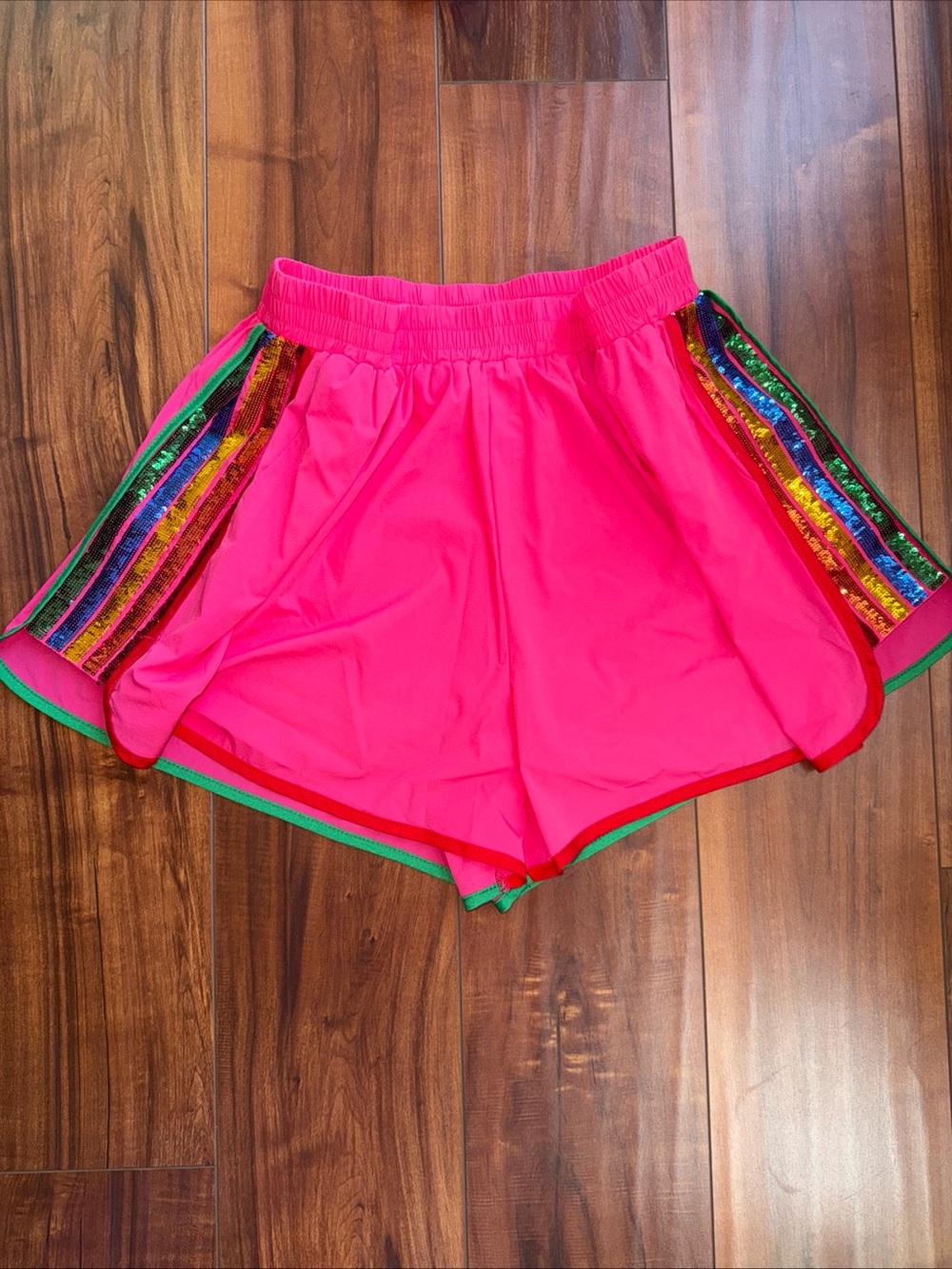 NWT Queen of Sparkles Pink Sequin Lined Athleisure Shorts Pockets Medium